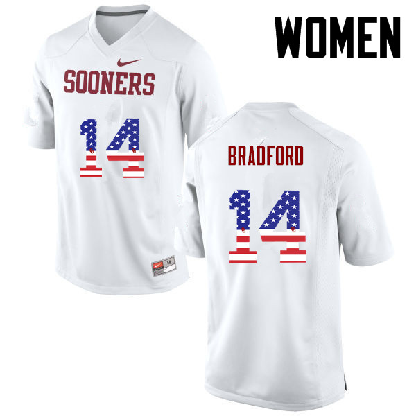 Women Oklahoma Sooners #14 Sam Bradford College Football USA Flag Fashion Jerseys-White - Click Image to Close